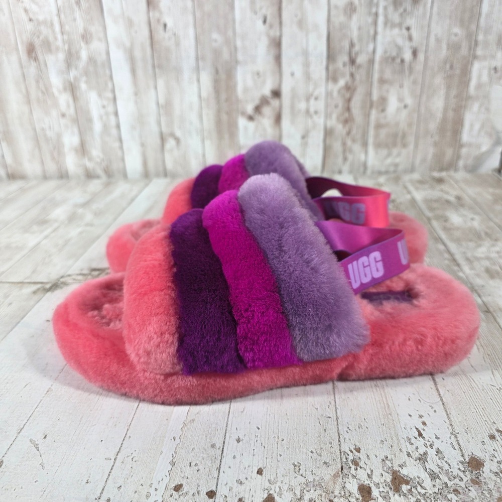 UGG Fluff Yeah Slide Pink Purple Striped Sheepskin Slippers 1120075K Womens 6